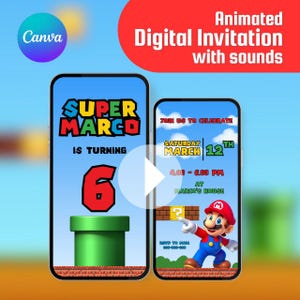 Verjaardagsuitnodiging Super Mario: geanimeerde video, bewerkbare canva-sjabloon