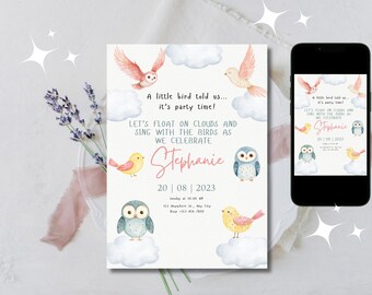 Birds in the Clouds Birthday Invitation | Whimsical Sky Party Invite | Editable Template | Girl or Boy Digital Download |