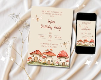 Whimsical Mushroom Birthday Invitation | Editable Mushroom Forest Party Invite | Magical Woodland Theme |