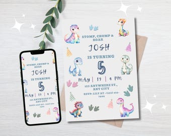 Colorful Dinosaur Birthday Invitation | Roar-Some Dino Party Invite |