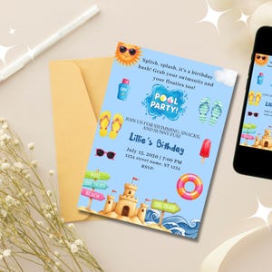 Pool Party Birthday Invitation | Summer Splash Editable Invite | Water Theme Digital Download | Kids Birthday Pool Bash Template