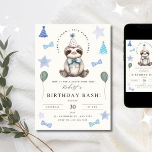 Sloth Birthday Invitation | Editable Digital Invite for Kids | Cute Animal Birthday Party | Instant Download | Canva Template | Printable