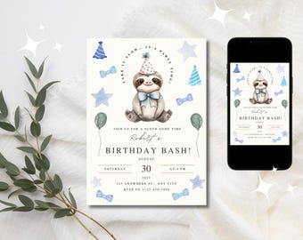 Sloth Birthday Invitation | Editable Digital Invite for Kids | Cute Animal Birthday Party | Instant Download | Canva Template | Printable