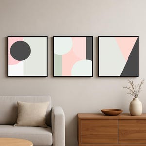 Lot de 3 Affiches Abstraites Modernes Rose/Vert/Noir – Triptyque Minimaliste Géométrique | Set of 3 Modern Abstract Wall Art Prints