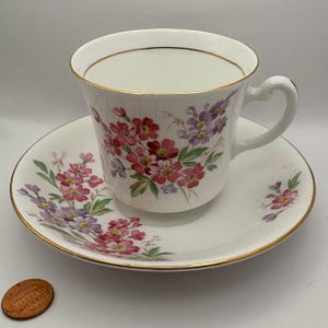 Royal Vale China Teacup & Saucer Set - Pink/Purple Floral Pattern with Gold Trim - Longton England
