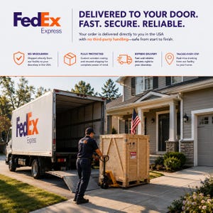 May include: A FedEx Express delivery truck parked on a driveway with a person using a yellow pallet jack to move a large wooden crate toward a house. The image includes text: DELIVERED TO YOUR DOOR. FAST. SECURE. RELIABLE. NO MIDDLEMEN. FULLY PROTECTED.