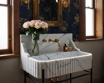Calacatta Fluted Marble Sink | Luxury Marble Vanity Sink with Metal Stand | Designer Bathroom Basin M8M015