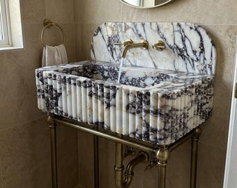 Calacatta Viola Fluted Marble Pedestal Sink with Backsplash and Optional Metal Stand for Powder Room, Modern