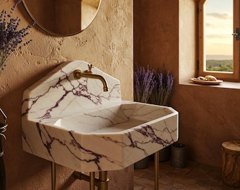 Lavabo mural de mármol Calacatta Viola – Lavabo de piedra natural con patas consola, lavamanos personalizado para tocador de baño