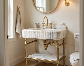 Fluted Marble Sink | Calacatta Gold Fluted Wall-Hung Marble Basin with Backsplash and Optional Metal Stand for Custom Bathroom,