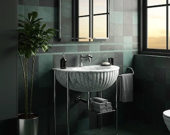 Carrara Marble Sink – Fluted Console Vanity with Metal Legs, Custom Natural Stone Basin for Bathroom and Powder Room Design M8M23