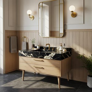 Nero Marquina Marble Vanity, Black Stone Sink with Wooden Cabinet, Custom Marble Top for Modern Bathroom, Powder Room Home Decor M8F44