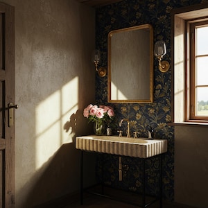 Lavabo Scanellato in Travertino “Golden Hour” – Vasca da Bagno Scolpita con Rubinetteria in Ottone e Fascino Romantico