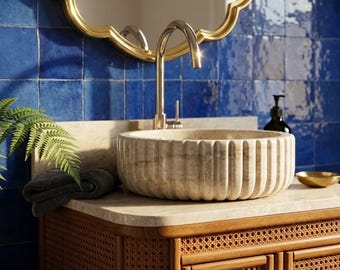 Handmade Travertine Bathroom Basin with Backsplash and Wood Vanity, Contemporary Minimalist Basin