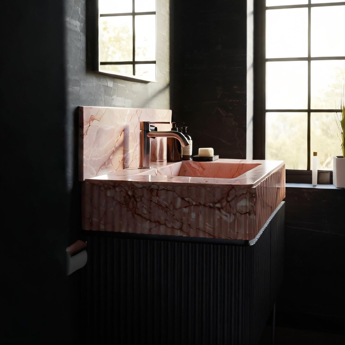 Fluted Pink Marble Sink | Natural Stone Vanity Top for Modern Bathrooms