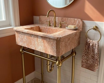 Fluted Pink Marble Sink | Small Custom Marble Sink with Metal Base | Natural Stone Bathroom Vanity Basin | Wall Mounted Sink Top M8M005