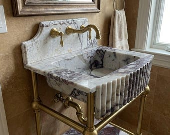 Calacatta Viola Polished Fluted Marble Pedestal Sink with Backsplash and Metal Legs for Custom Bathroom Vanity M8N007