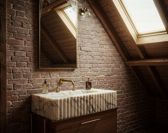 Fluted Carrara Marble Sink for Bathroom Vanity | Natural Stone Vessel Sink with Console | Wall Mounted Marble Sink and Base M8F019