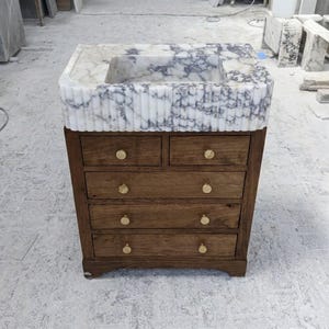Fluted Marble Sink | Calacatta Viola Fluted Marble Vanity Sink with Wood Vanity and Hand Carved Detail for Custom Bathroom, Modern image 4