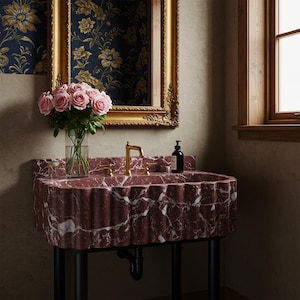 Cherry Marble Fluted Sink | Deep Red Marble Bathroom Sink | Luxury Wall Mount Vanity Basin | Handcrafted Stone Sink