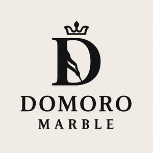 May include: A black logo on a light beige background featuring a large letter D with a crown icon on top and a silhouette of a leg integrated into the letter. Below the letter D, the text reads DOMORO MARBLE in a bold, black serif font.