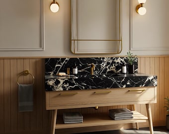 Nero Marble Sink Vanity, A Modern Bathroom Vanity with Integrated Basin and Backsplash, Custom Stone Vanity Top for Luxury Home Decor M8F63