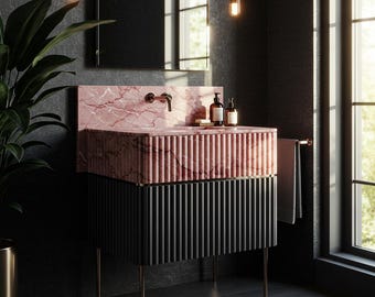 Gecanneleerde travertijn marmeren gootsteen | Drijvende natuurstenen wastafel voor badkamer | Aan de muur gemonteerd aangepast marmeren wastafelontwerp M8F22