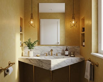Carrara Marble Sink, Geometric Console Vanity with Metal Base, Custom Stone Top for Luxury Bathroom, Powder Room Interior Design
