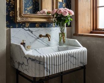 Calacatta Marmor Geriffeltes Waschbecken | Luxus Wandhalterung Waschtisch Waschbecken | Modernes Stein Waschbecken mit Benutzerdefinierten Größen | Gästebuch Waschbecken M8M25