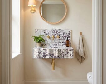 Fluted Sink | Calacatta Viola Fluted Wall-Hung Marble Basin with Backsplash and Hand Carved Detail for Custom Bathroom, Polished