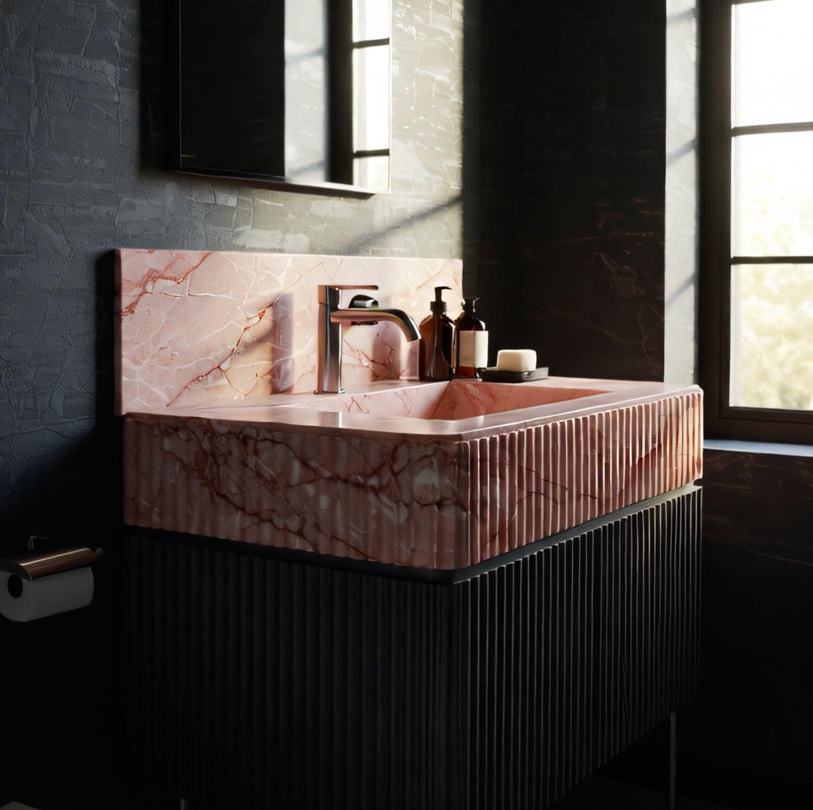 Fluted Pink Marble Sink | Natural Stone Vanity Top for Modern Bathrooms