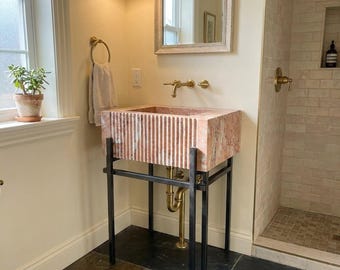 Handcrafted Pink Violet Fluted Marble Pedestal Sink with Metal Legs for Custom Size Bathroom M8N001
