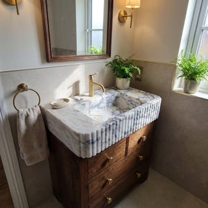 Fluted Marble Sink | Calacatta Viola Fluted Marble Vanity Sink with Wood Vanity and Hand Carved Detail for Custom Bathroom, Modern image 12