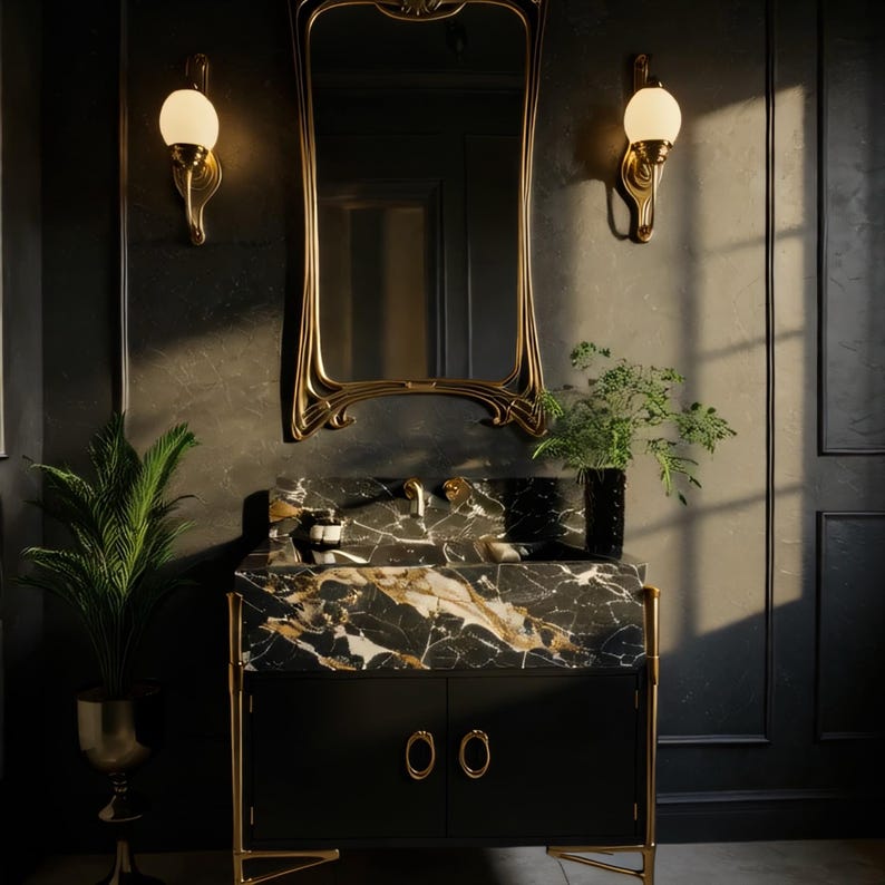 Black Marble Sink Vanity With Gold Base | Custom Marble Sink and Top ...