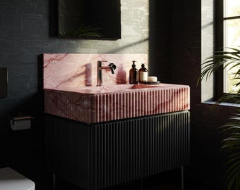Fluted Pink Marble Sink | Natural Stone Vanity Top for Modern Bathrooms | Wall Mounted Floating Basin with Bold Veins M8F006