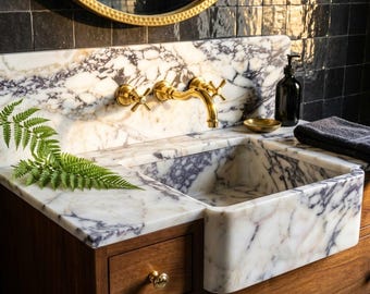 Marble Pedestal Sink | Handmade Calacatta Viola Bathroom Basin with Backsplash and Wood Vanity, Quiet Modern Stone Look