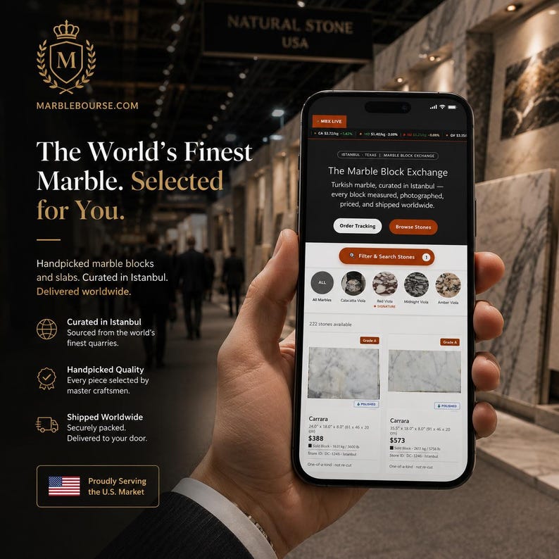 May include: A smartphone displaying the Marble Bourse website, featuring a digital interface for browsing and purchasing marble blocks. The screen shows product listings with images, prices, and dimensions, alongside text about curated stone selection.
