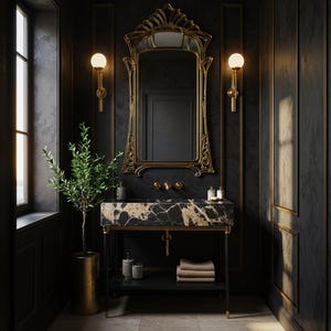 May include: A luxurious bathroom with dark walls, gold accents, and a marble vanity. A large, ornate gold mirror hangs above the sink, flanked by sconces. A potted plant adds a touch of greenery. The overall aesthetic is elegant and sophisticated.