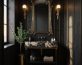 May include: A luxurious bathroom with dark walls, gold accents, and a marble vanity. A large, ornate gold mirror hangs above the sink, flanked by sconces. A potted plant adds a touch of greenery. The overall aesthetic is elegant and sophisticated.