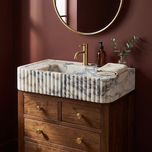 Fluted Marble Sink | Calacatta Viola Fluted Marble Vanity Sink with Wood Vanity and Hand Carved Detail for Custom Bathroom, Modern image 13