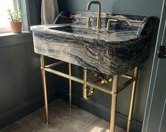 Nero Picasso Hand Carved Marble Pedestal Sink with Backsplash and Metal Legs for Powder Room M8N003