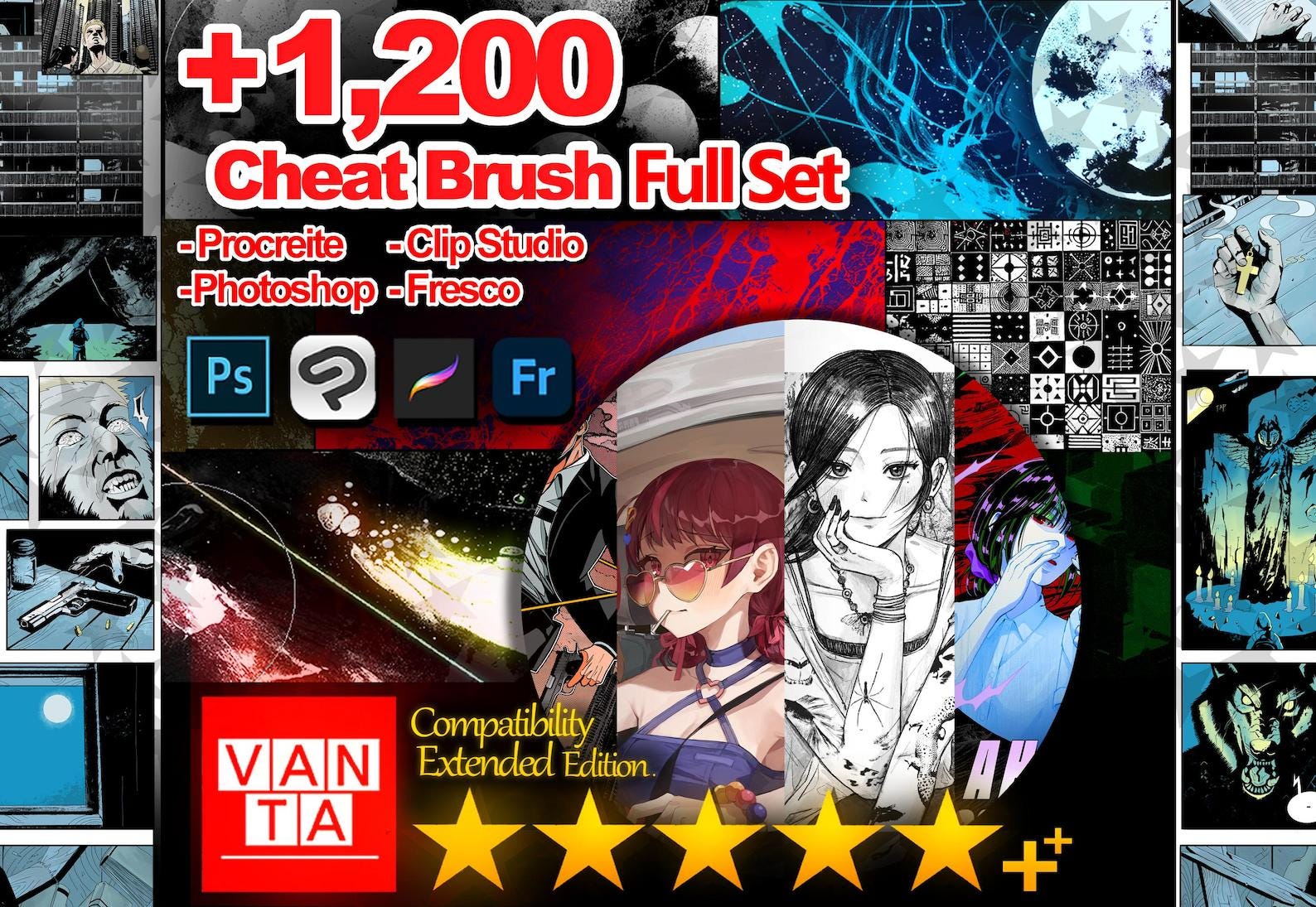 Set de prueba de pinceles Cheat & All‑in‑One (ABR, SUT, PNG) – 100 pinceles pro gratis para Photoshop, Clip Studio y Procreate