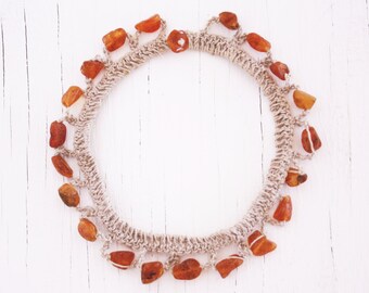 Vintage Natural Baltic Amber and Linen Crochet Necklace
