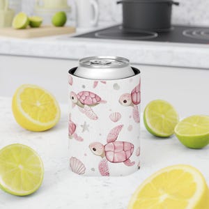 Pink Sea Turtle Pattern Can Cooler | Beach Shells Starfish