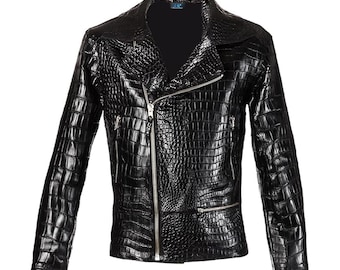 Jaqueta de motociclista masculina de couro com relevo de crocodilo preto: design assimétrico feito à mão
