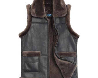 Men's Coffee Brown Sheepskin Shearling Vest: Winter Leather Waistcoat