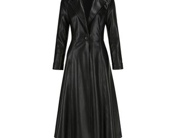 ジャケット・アウター real leather maxi long coat Womens Leather Trench Coat Ladies PU Leather Maxi Coat Lapel