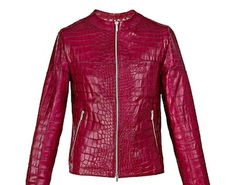Chaqueta de motociclista de piel de cocodrilo repujada hecha a mano para hombre
