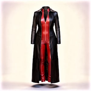 Puede incluir: Un abrigo largo de cuero negro con un mono de cuero rojo a juego debajo. El abrigo tiene un diseño clásico con solapas y una cremallera de largo completo. El mono presenta un cuello alto y una cremallera frontal. Un conjunto audaz.
