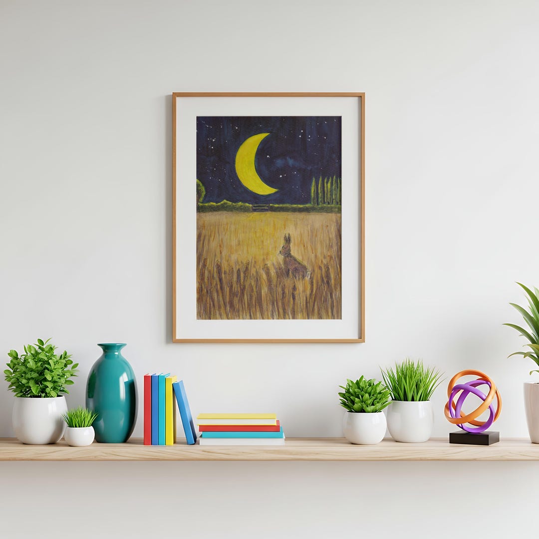 Hare and Night Sky Watercolour Print, Crescent Moon Wheat Field Scene ...
